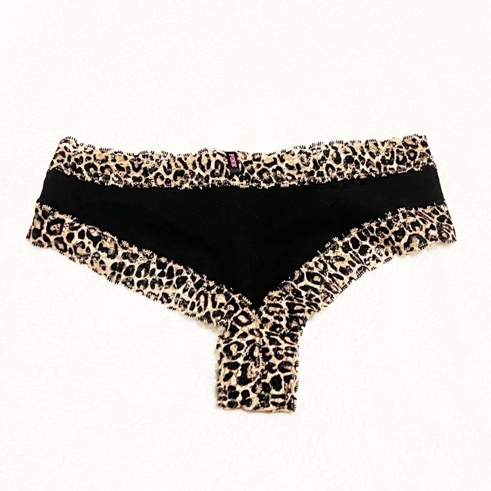 Victoria’s Secret PINK Animal Print Black Lace Trim Cheeky Panty Small Low Rise